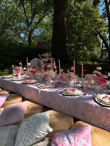 festa rosa com almofadas e pequenique