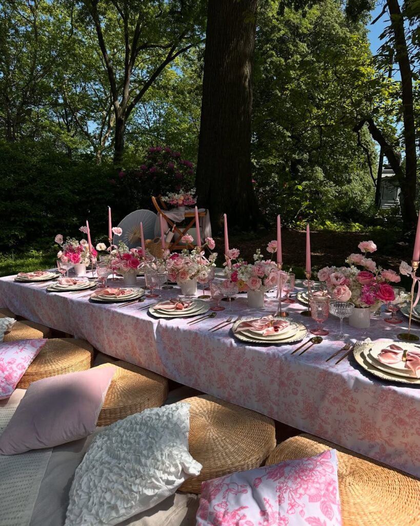 festa rosa com almofadas e pequenique