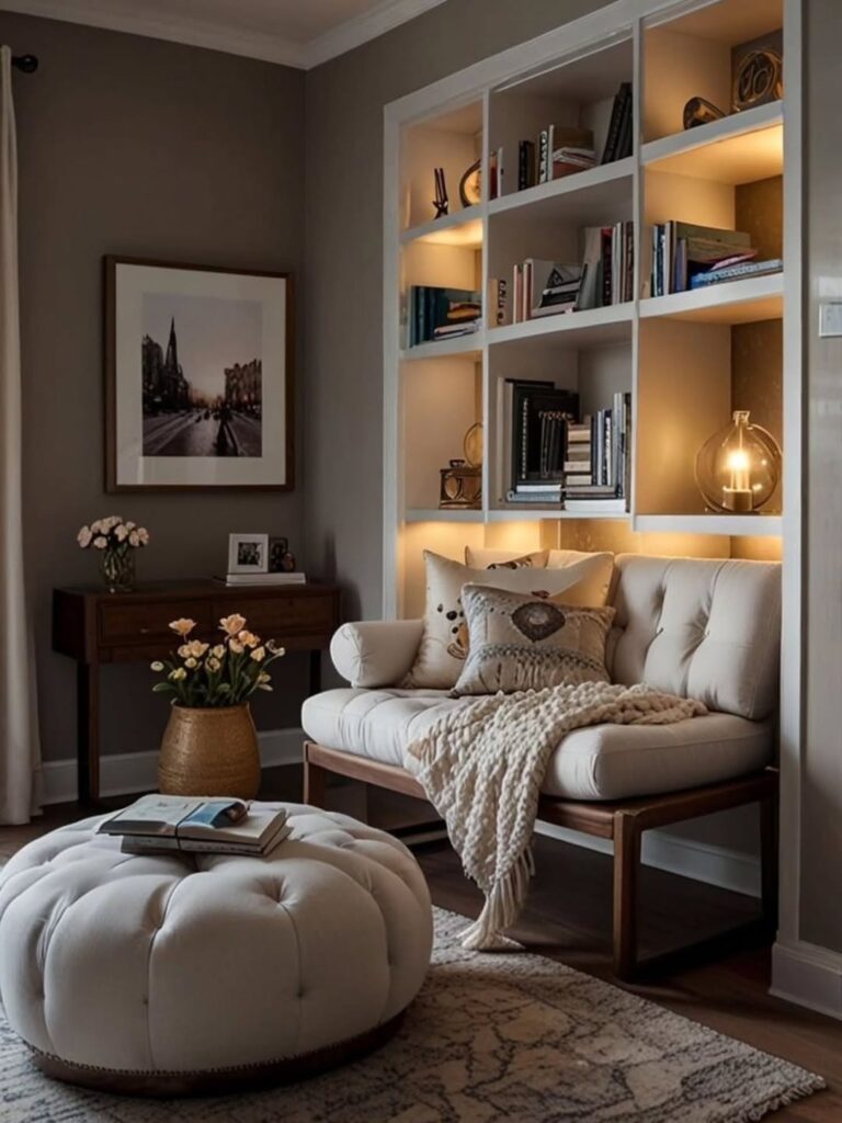 Cantinho da leitura com sofá de madeira com estofado neutro, estante branca com iluminação de led e mesa de centro em formato de pufe