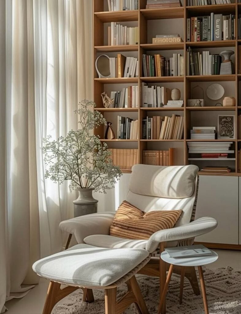 Cantinho da leitura com poltrona e peseira claras, estante de madeira com livros e objetos decorativos