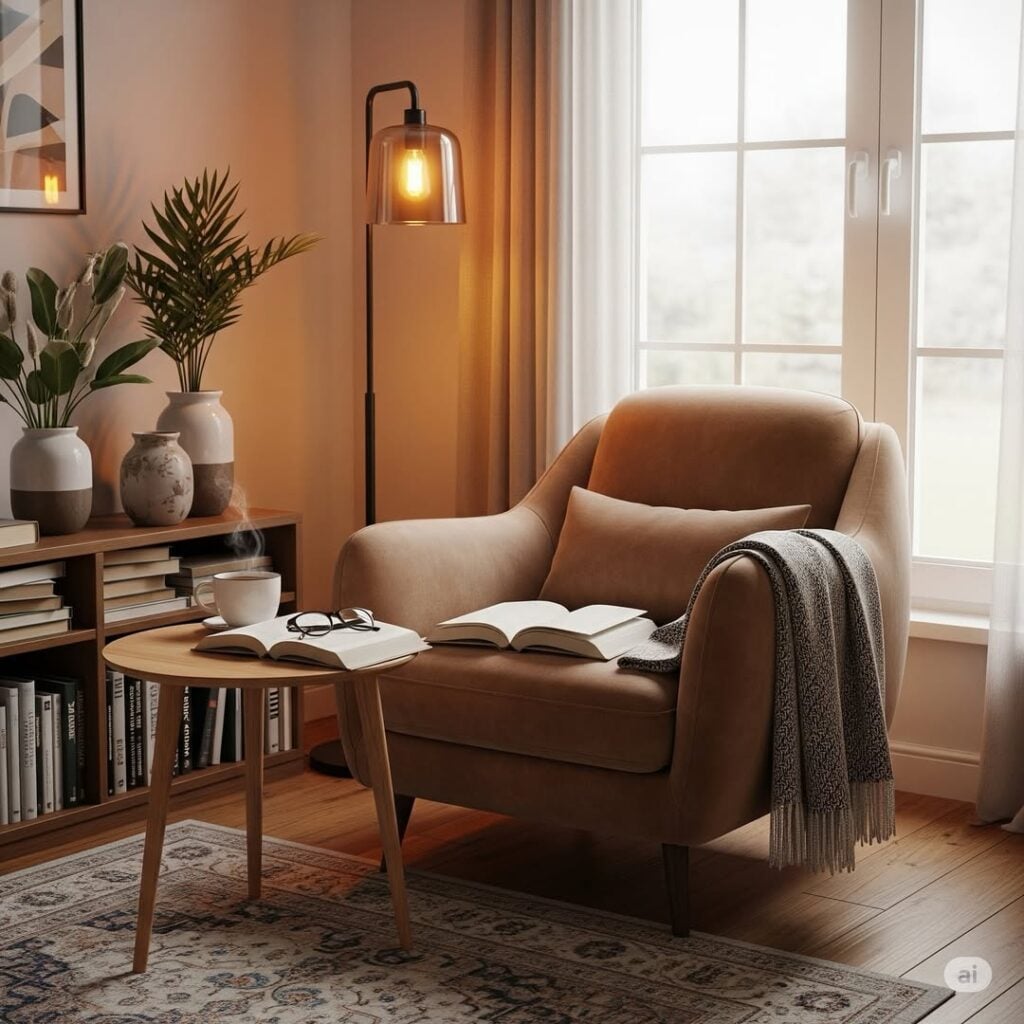 Cantinho da leitura com poltrona confortável com luminária de piso, mesinha com livro e café