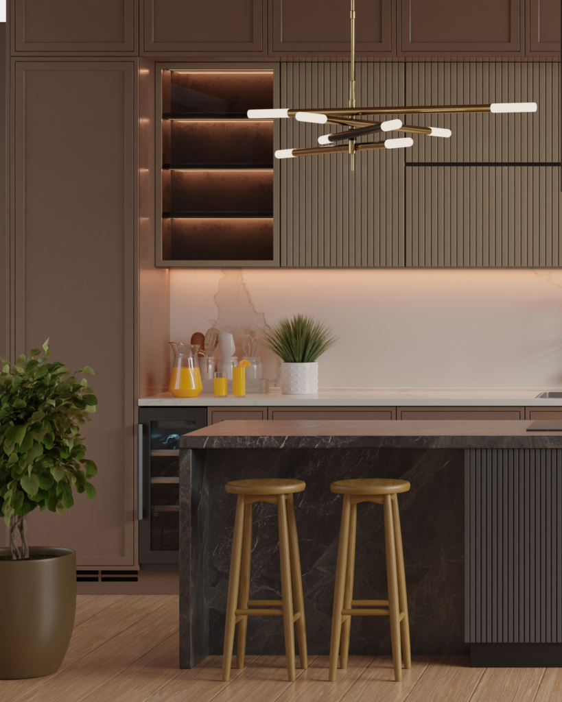 Cozinha com bancada e luminária com design elegante