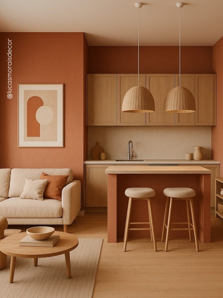 Cozinha integrada com sala em tons de terracota e bege