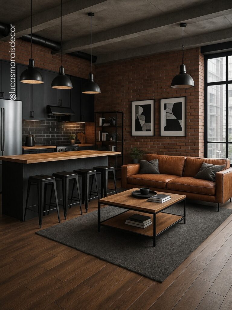 Cozinha com armários e pendentes pretos integrada com sala de estar com sofá marrom