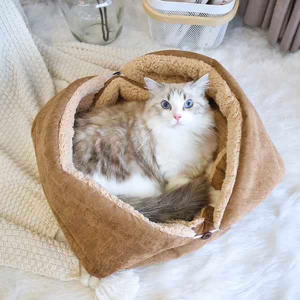 Gato branco e marrom deitado em caminha marrom