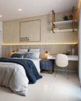 Quarto em tons claros com nuances de azul