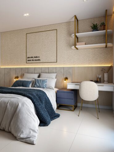 Quarto em tons claros com nuances de azul