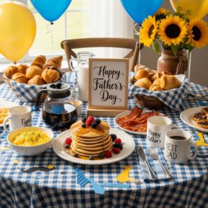 Mesa de café da manhã com toalha xadrez em azul e branco, café, panquecas, bacon e pães