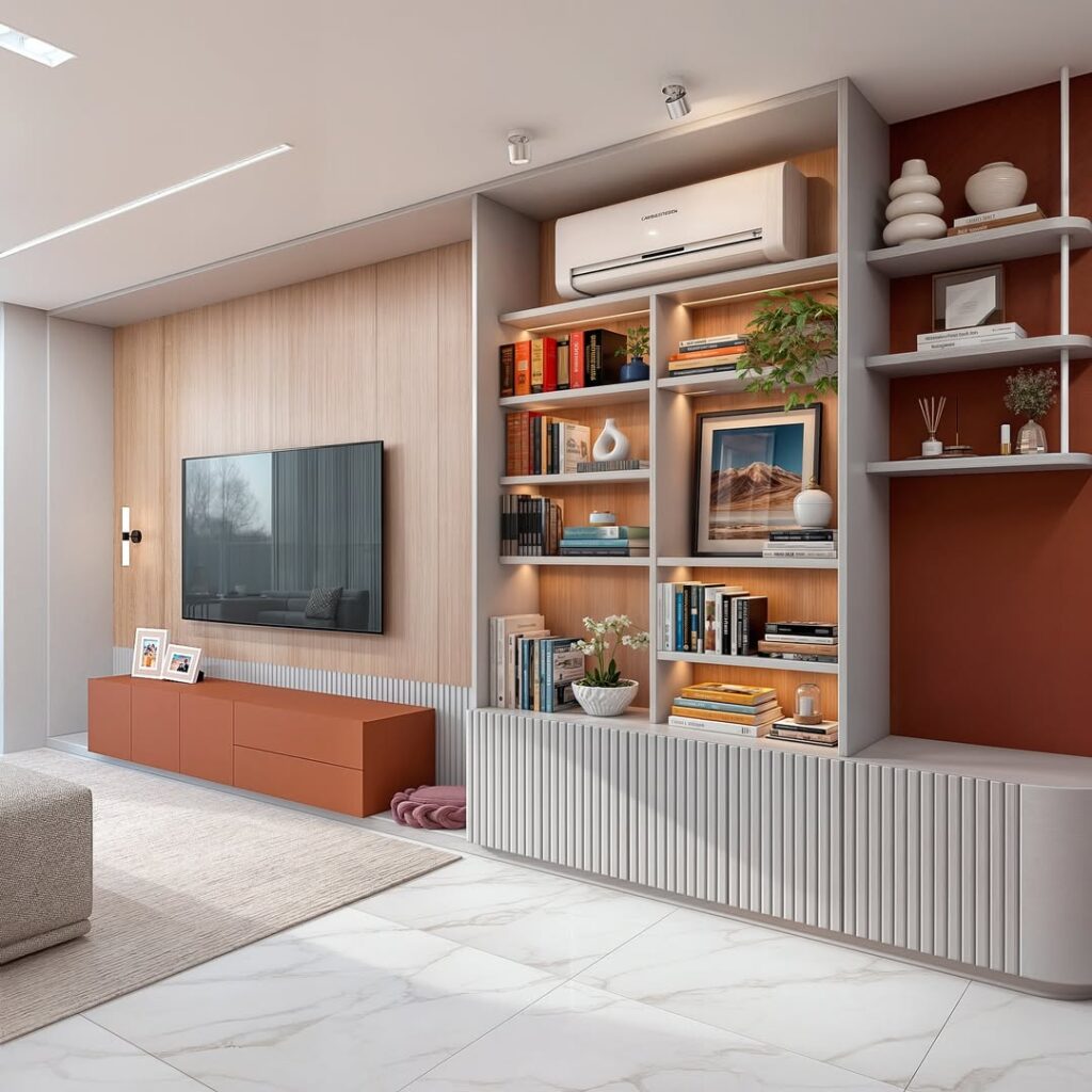 Sala de estar com estante com prateleiras, livros e objetos decorativos