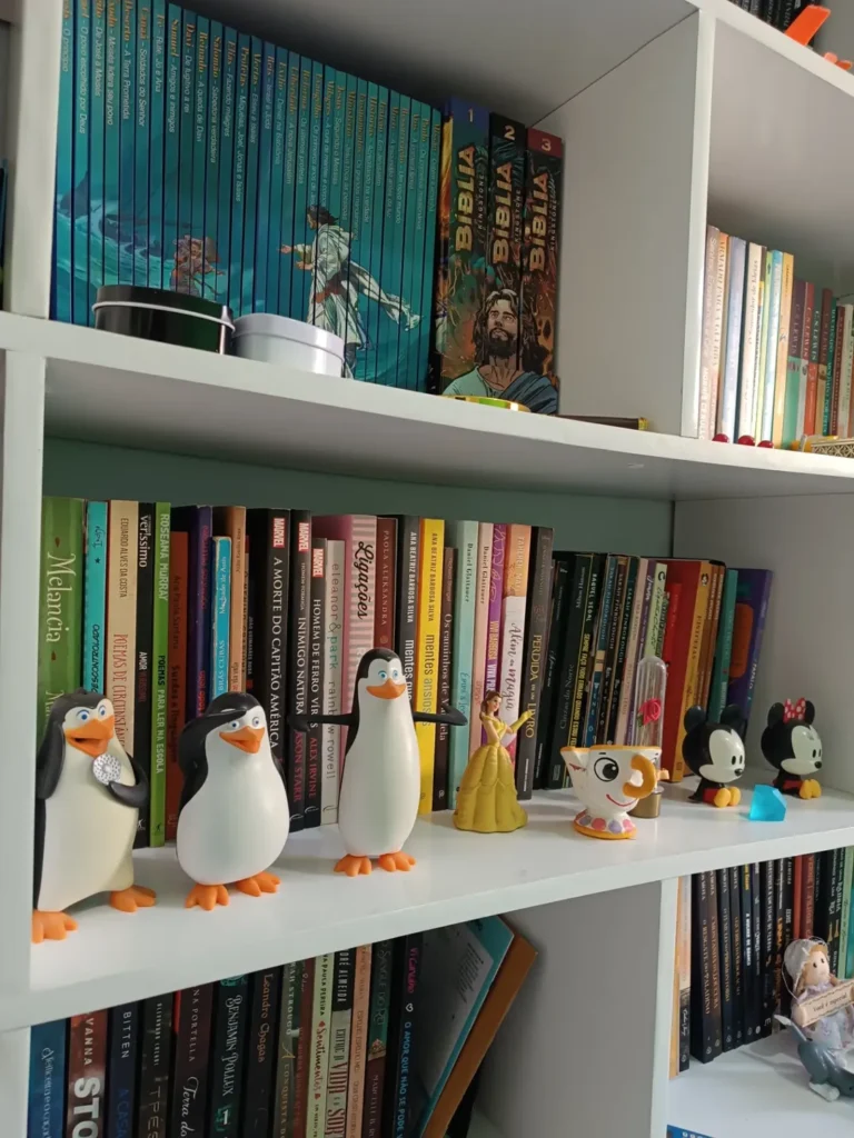 Estante com livros, pinguins, Mickey e Minnie