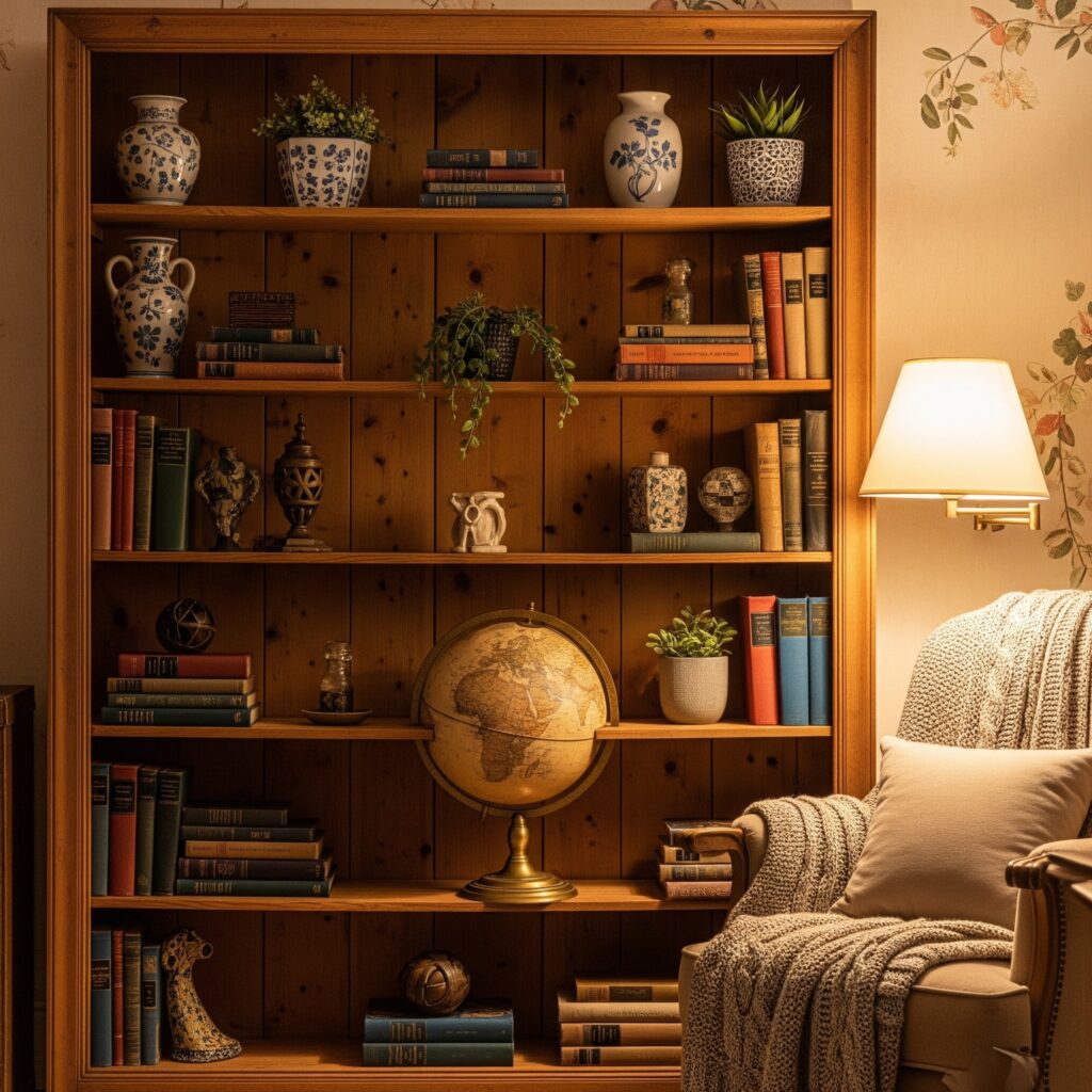 Sala de estar aconchegante com luminária e estante de madeira com livros