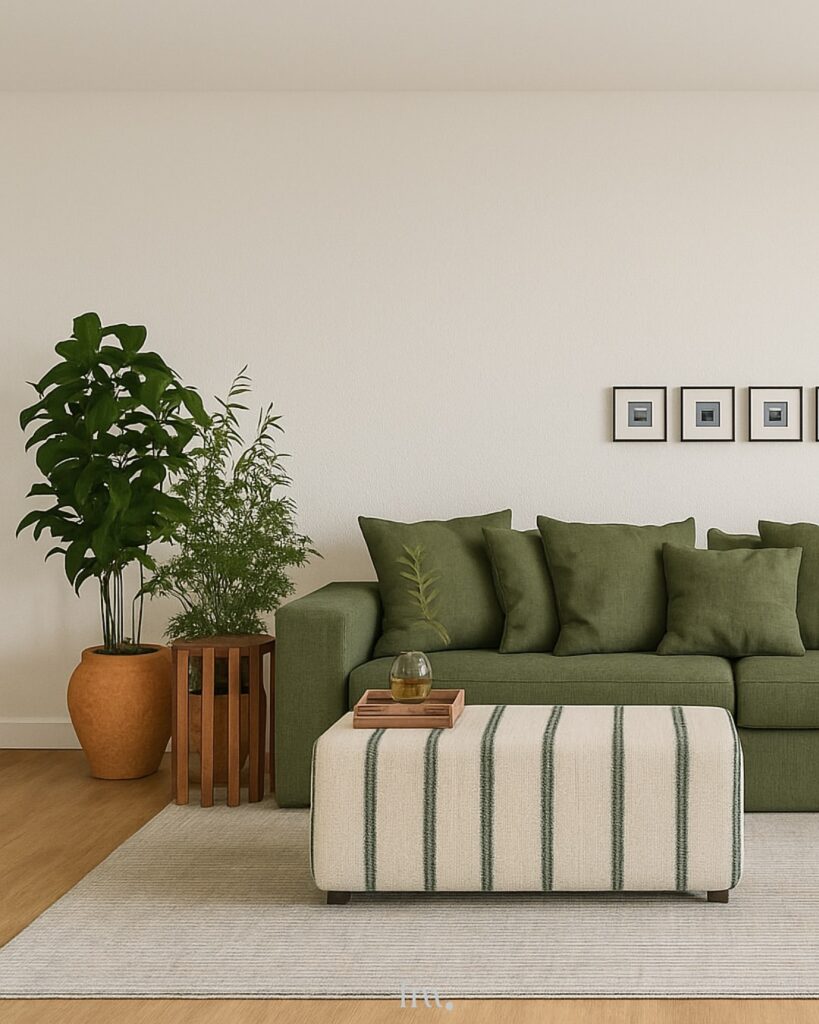 Sala com sofá verde e mesa de centro branca com listras verde