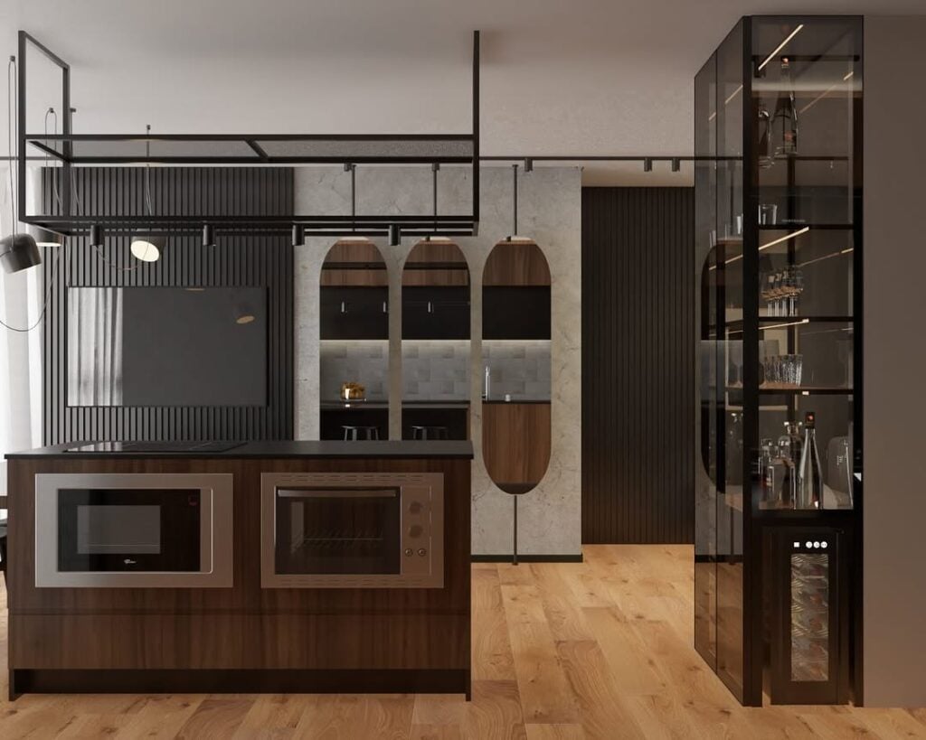 Ambiente estilo industrial com espelhos e painel ripado preto atrás da tv