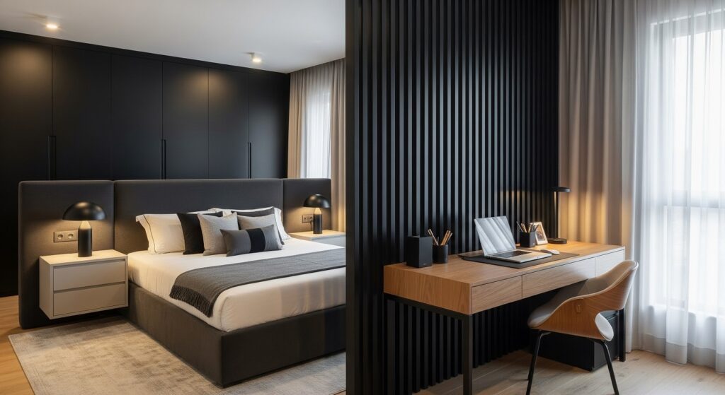 Quarto de casal com cama cinza, roupeiro e parede ripada pretos com escrivaninha de madeira