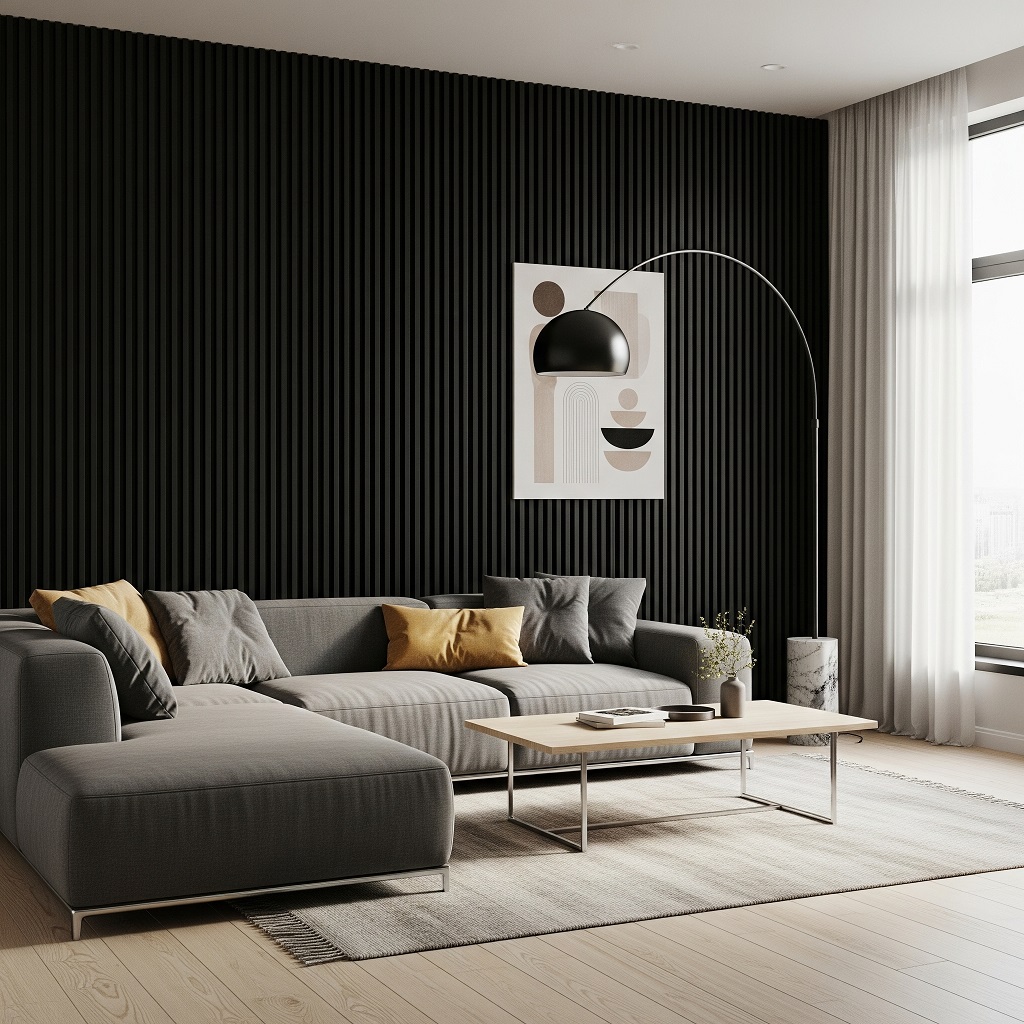 Sala de estar com sofá cinza, mesa de centro e parede ripada preta com quadro branco
