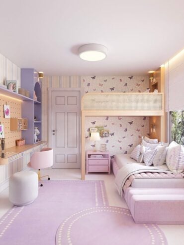 Quarto feminino em lilás e branco com papel de parede de borboletas, escrivaninha com poltrona e pufe