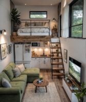 Tiny house compacta com cozinha branca, sala verde e uso da madeira em vários lugares