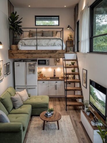 Tiny house compacta com cozinha branca, sala verde e uso da madeira em vários lugares