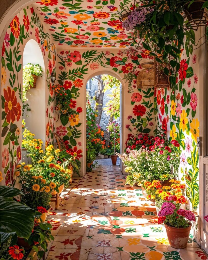 Corredor com flores pintadas nas paredes e tetos e flores coloridas nos vasos
