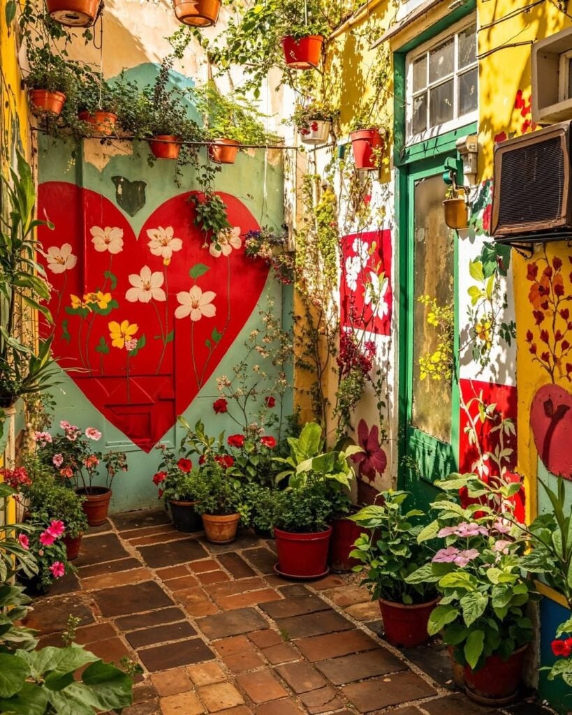 Ambiente com um coração vermelho pintado na parede, vasos de plantas e flores pendurados e colocados pelo chão