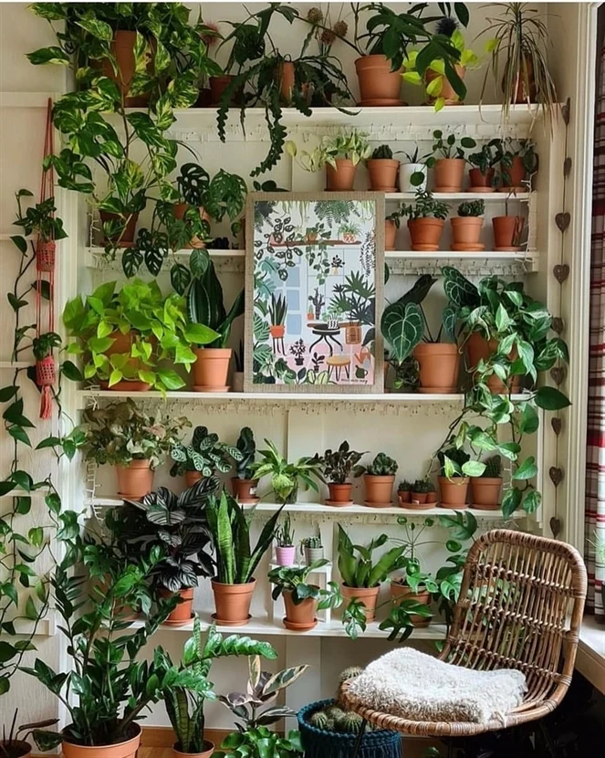 Varanda com cadeira de vime, estante branca com espelho e muitos vasos com plantas verdes