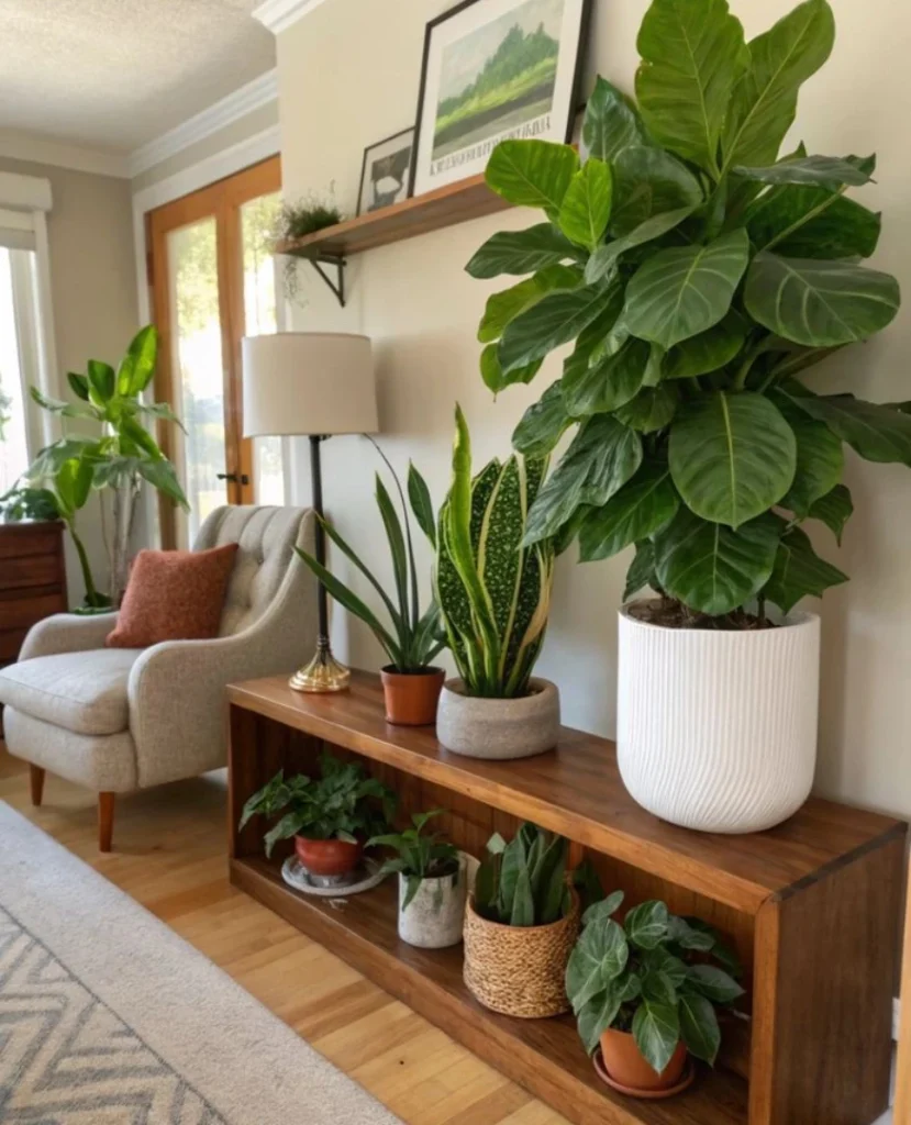 Sala com móvel de madeira e vários vasos e cachepôes com plantas e Espada-de-São-Jorge