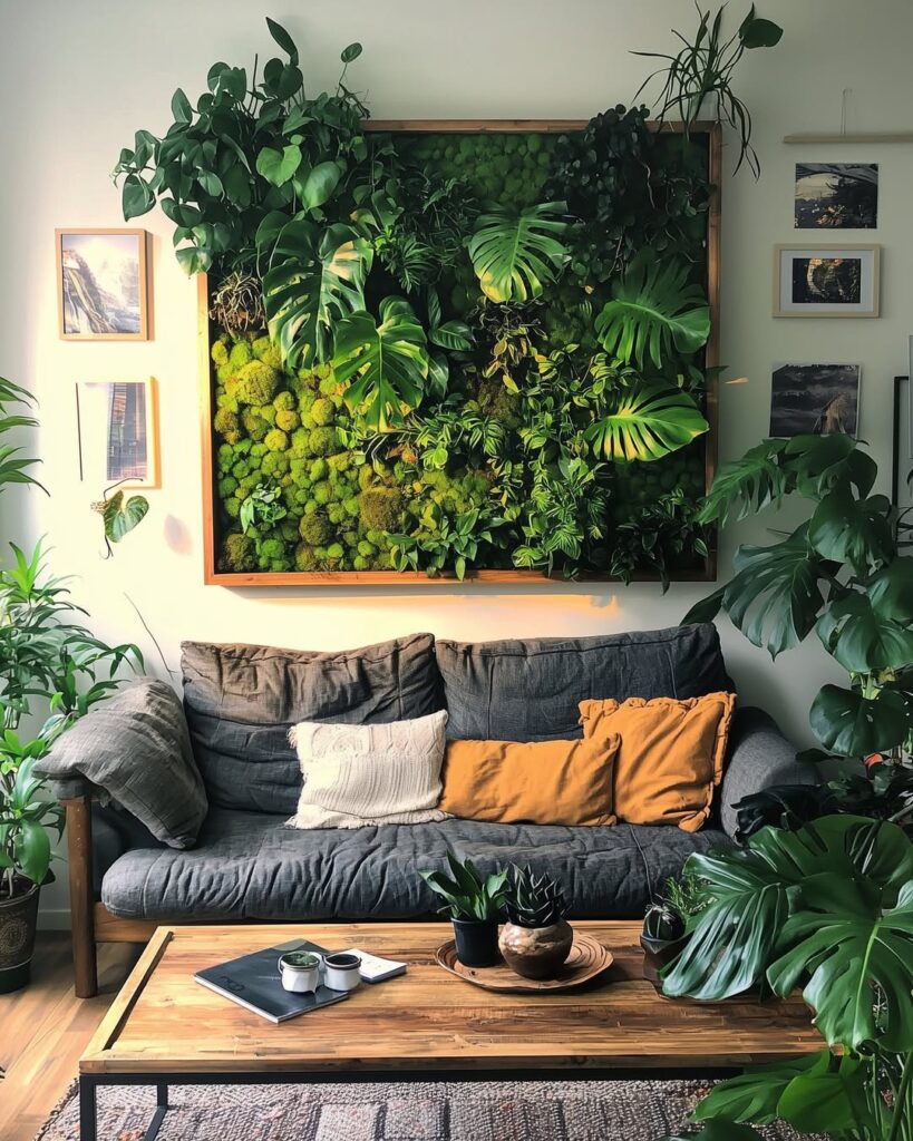Sala com sofá cinza, mesa de centro de madeira e plantas variadas