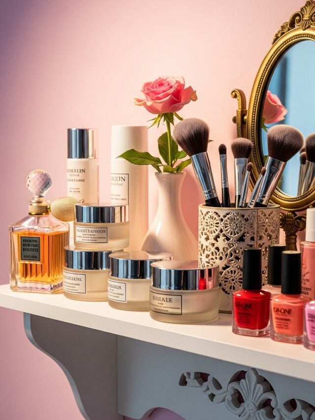 Prateleira branca com cremes, vaso com rosa, esmaltes e pincéis de maquiagem