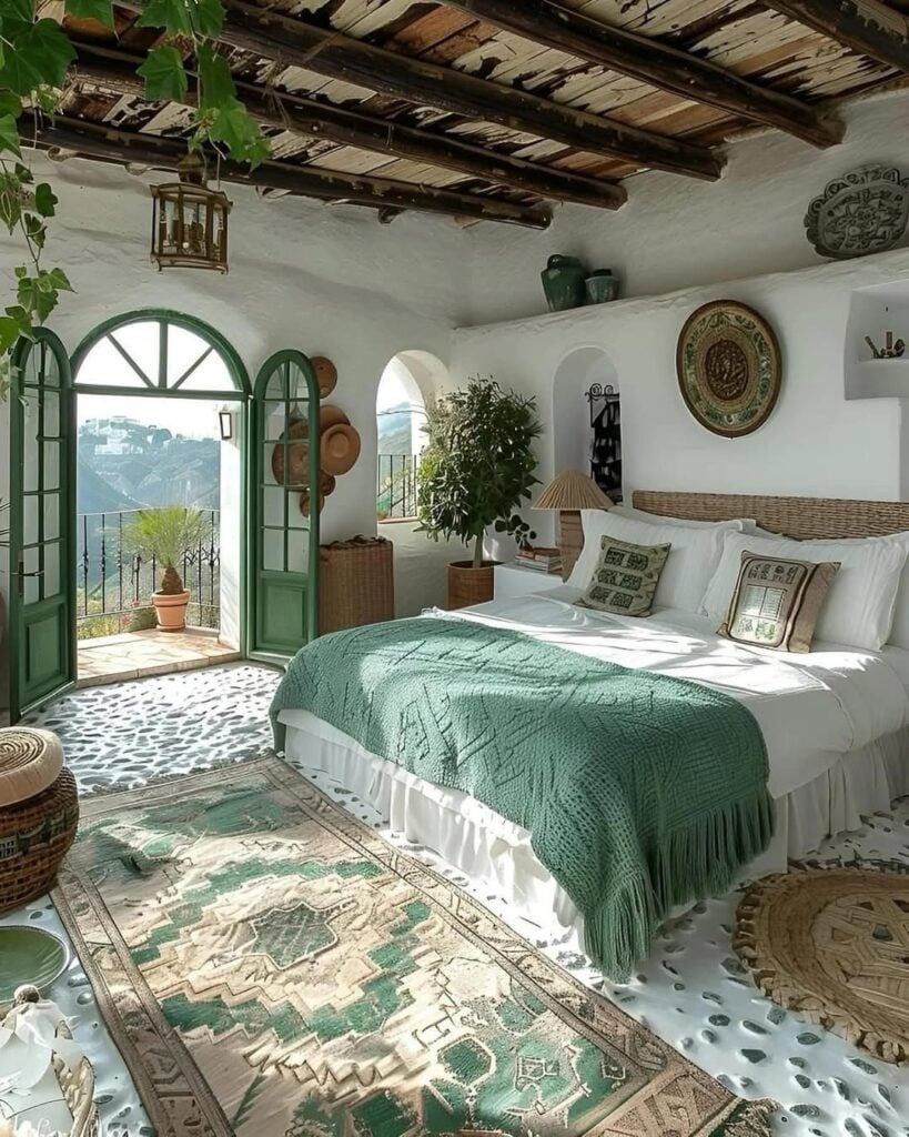 Quarto com paredes branco e porta em formato de arco verde com vista para paisagem