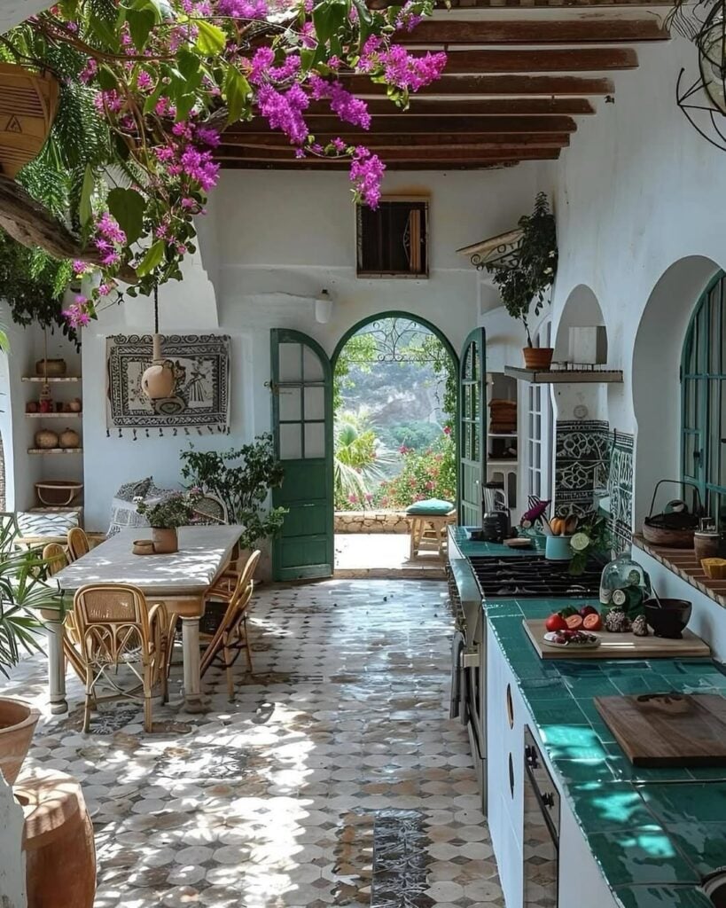 Cozinha branc com arcos nas portas e janelas