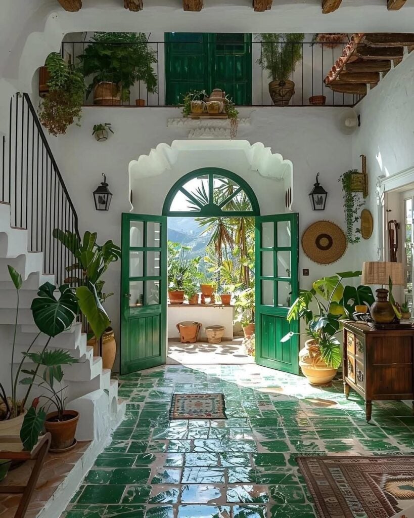 Casa com revestimentos brancos, escada, piso e porta com arco verdes
