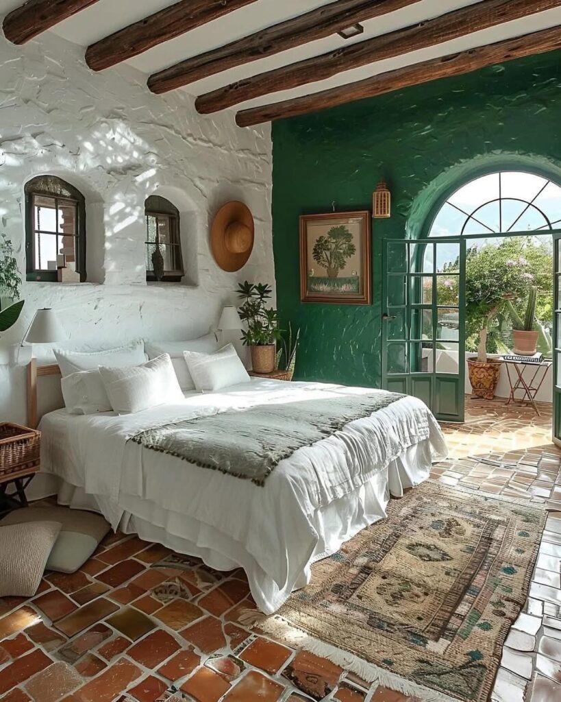 Casa estilo grega com revestimentos brancos e parede verde com porta em formato de arco