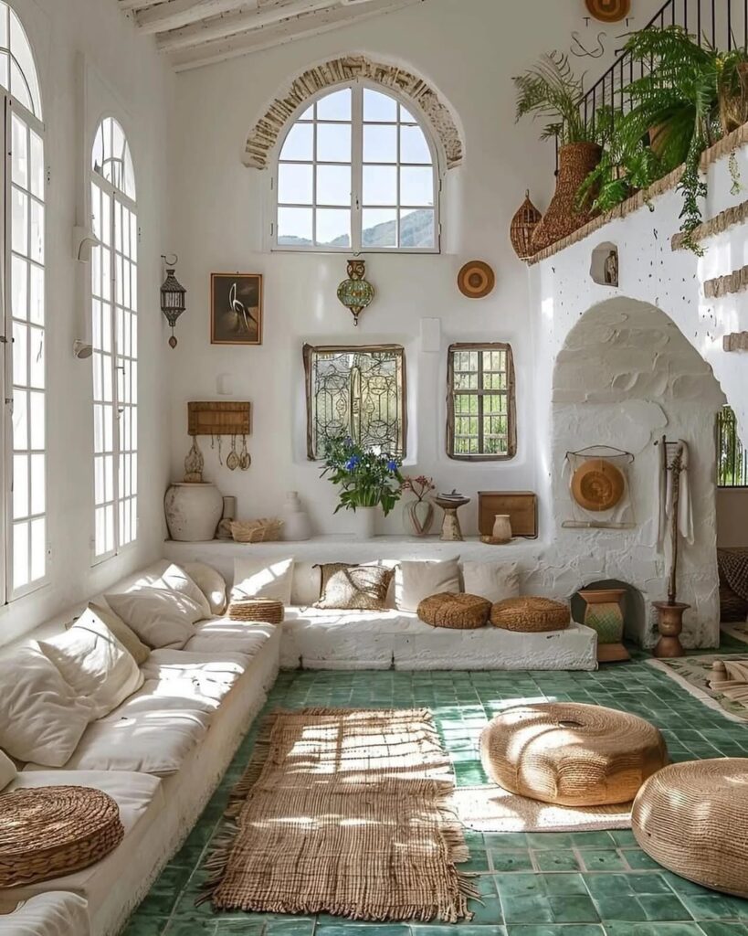 Casa com estilo arquitetônico fluido com arcos nas passagens e janelas