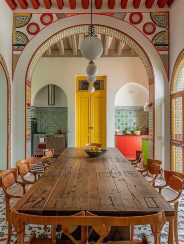 Casa com mesa de madeira retangular e grandes arcos nas portas e janelas