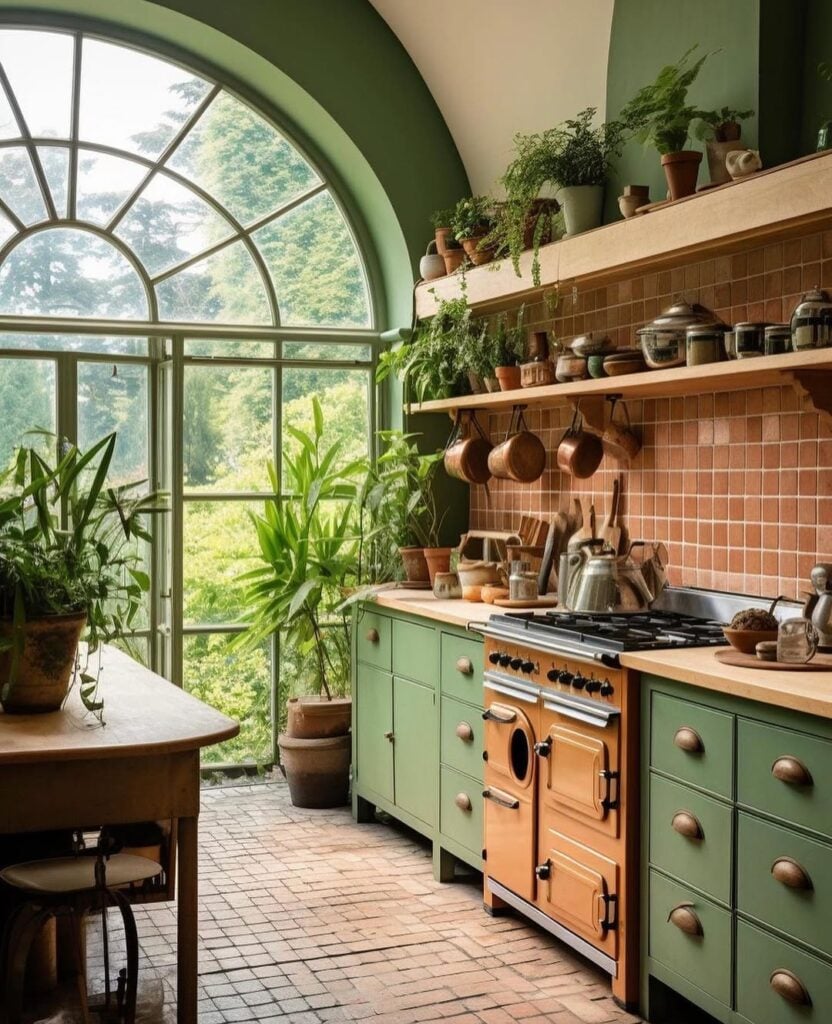 Cozinha com armários verde e marrom no fogão e revestimento, com porta em formato de arco