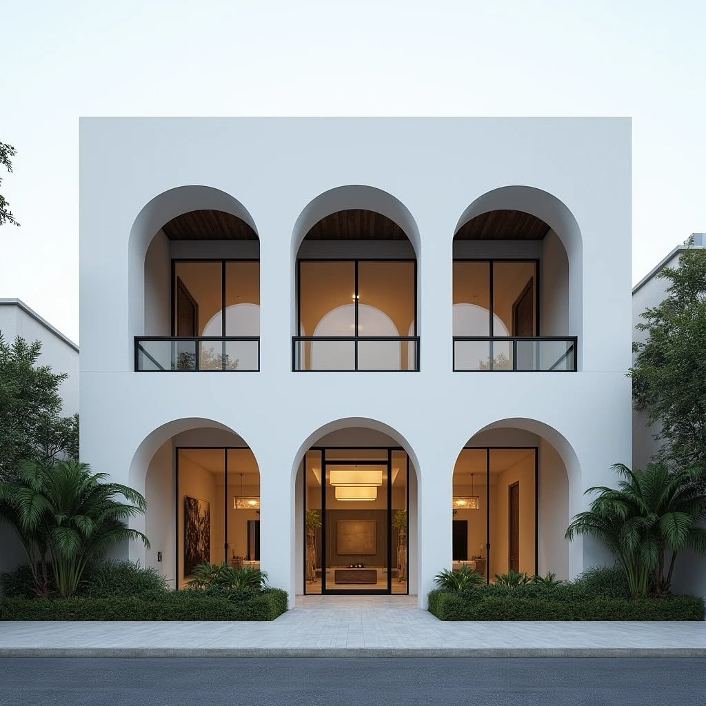 Casa branca com seis arcos com portas de vidro