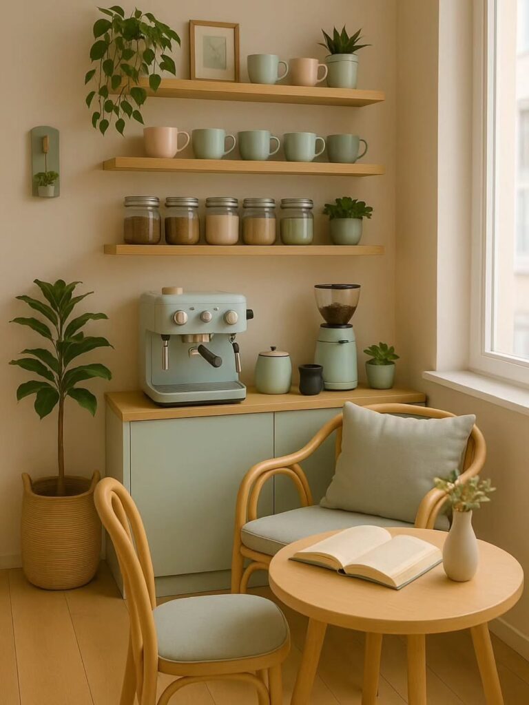 Armário e utensílios em verde-menta e detalhes amadeirados