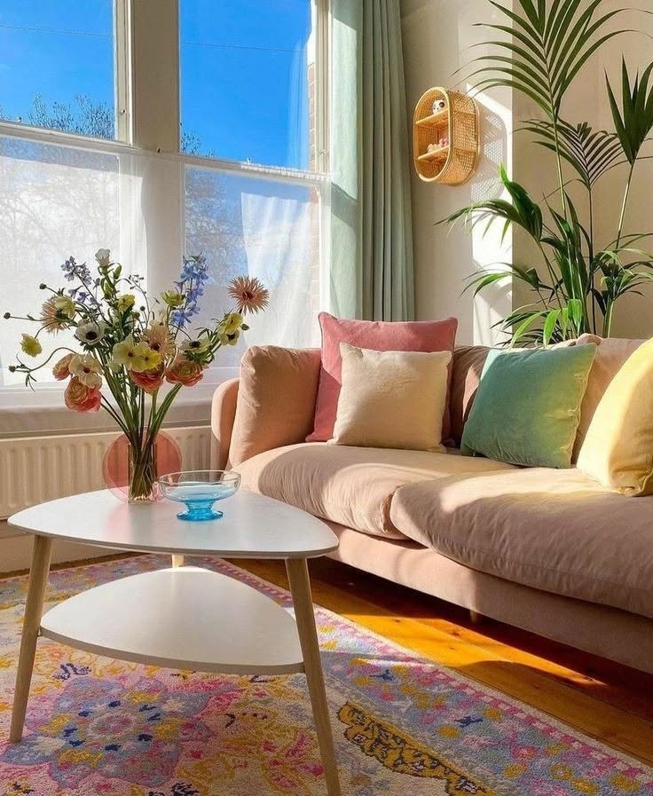Sala de estar com mesa de centro branca com vaso de flores, sofá rosa com almofadas em tons pastel