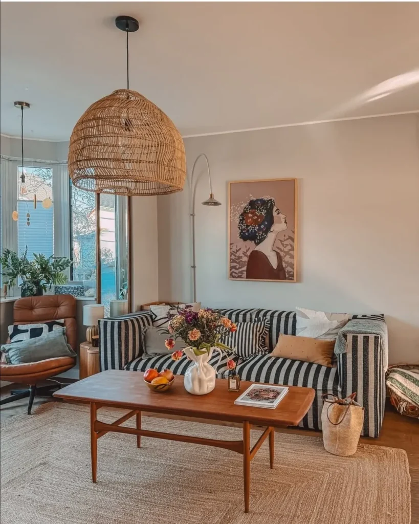 Sala com pendente de fibra natural e sofá listrado em branco e preto