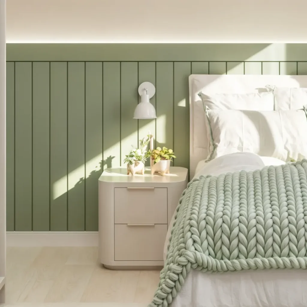 Quarto com lambri verde atrás da cama e mesa de cabeceira branca com cantos arredondados