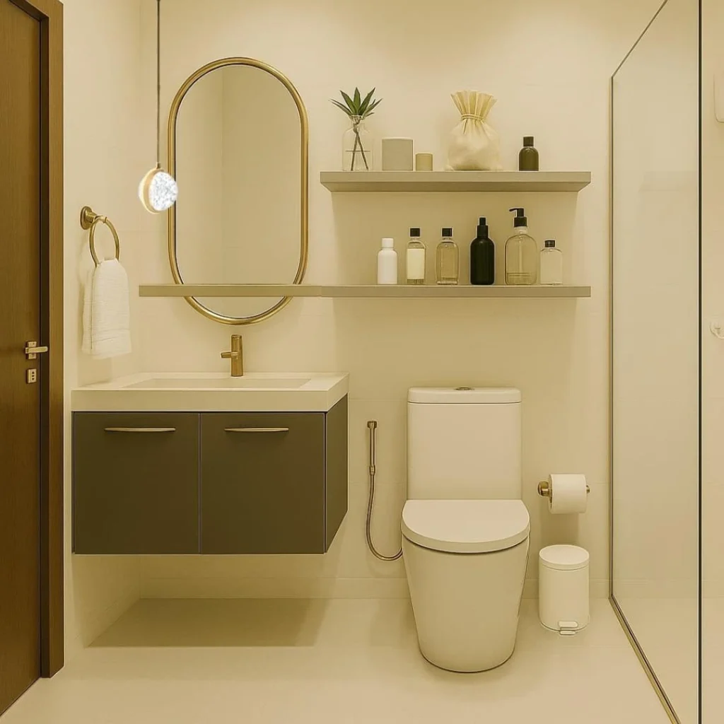 Banheiro com decoração neutra, bancada suspensa, espelho oval com borda dourada