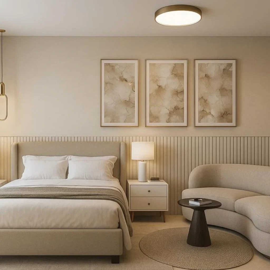 Quarto em cores claras, sofá orgânico e mesinha de madeira escura