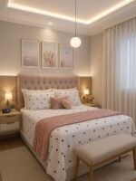 Quarto de casal com cabeceira estofada rosa em capitonê, lençol branco com corações pretos e manta rosa