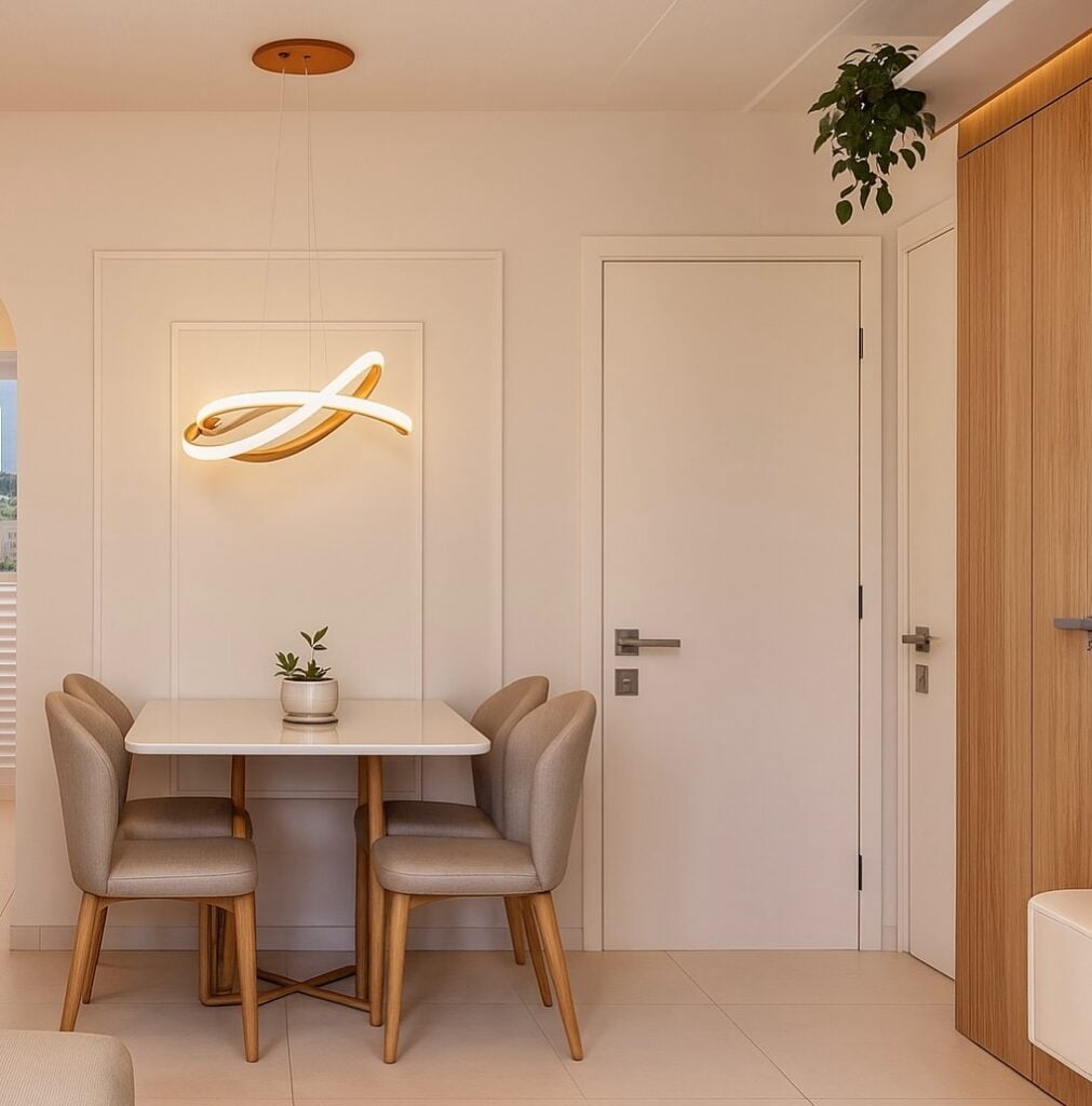 Sala de jantar com mesa branca e cadeiras com assento cinza, e pendente com design inovador