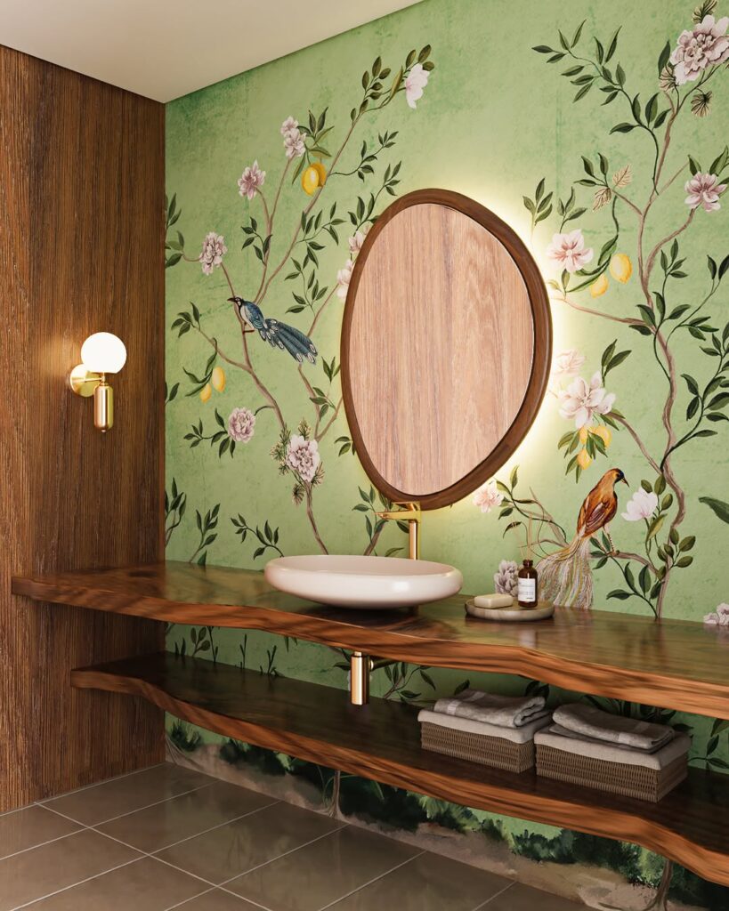 Banheiro com bancada em madeira, cuba branca e papel de parede verde com flores e pássaros
