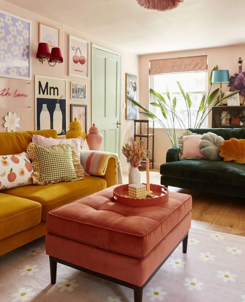 Sala de estar com tons pastel nas parede e porta sofás verde e amarelo, e mesa de centro estofada com capitonê rosa