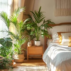 Quarto com cama e mesa de cabeceira de madeira com plantas
