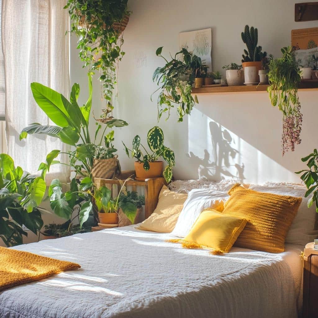 Quarto com almofadas amarelas, prateleira com plantas e plantas ao lado da cama