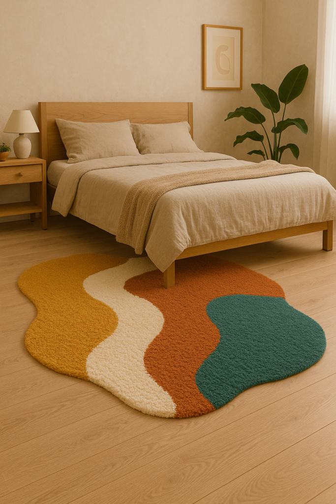 Quarto de casal com cama e roupa de cama claras e um tapete orgânico em verde, terracota, bege e mostarda