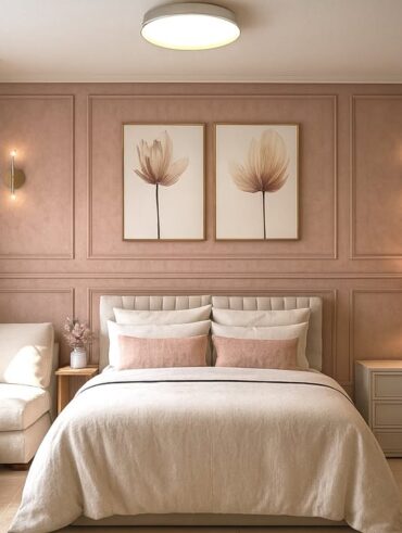 Quarto feminino em tons de rosa, com arandelas na parede e poltrona confortável